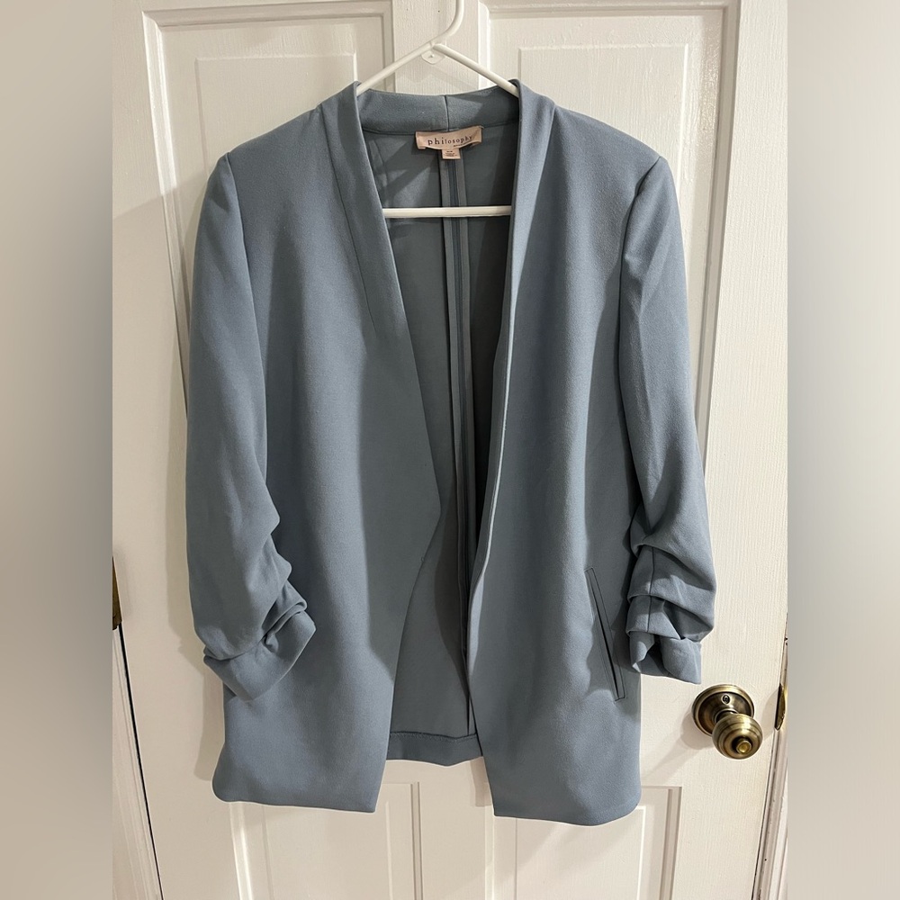Size small blue blazer.  Oversized style. Super cute!
